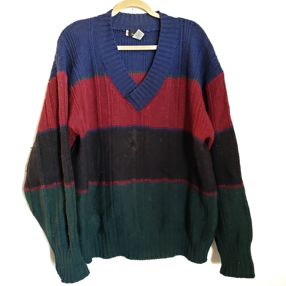 Vintage Mark Shale Sweater XL  Pure Wool Stripe V-Neck